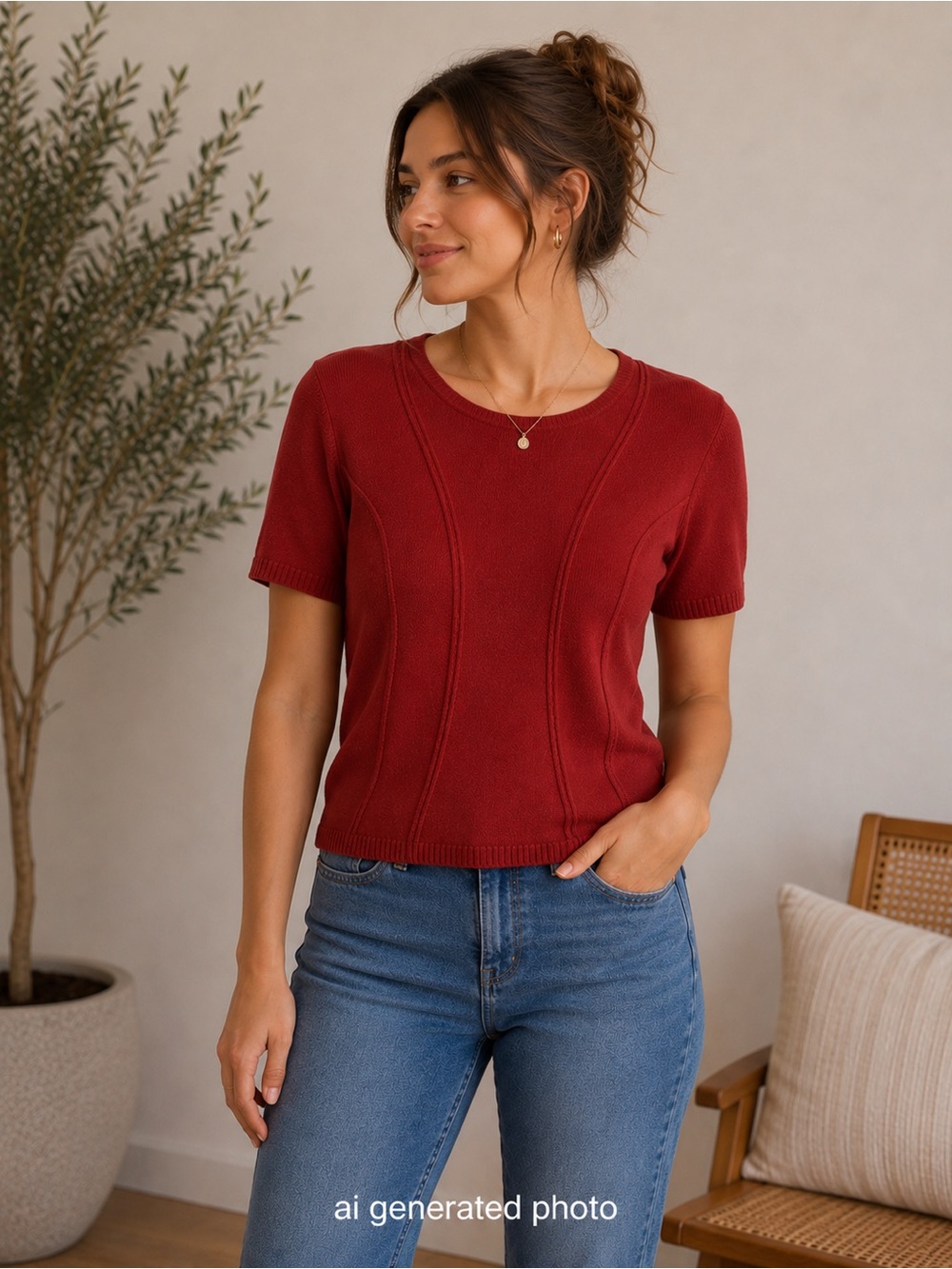 Requirements Red Short Sleeve Women's Top lightweight sweater